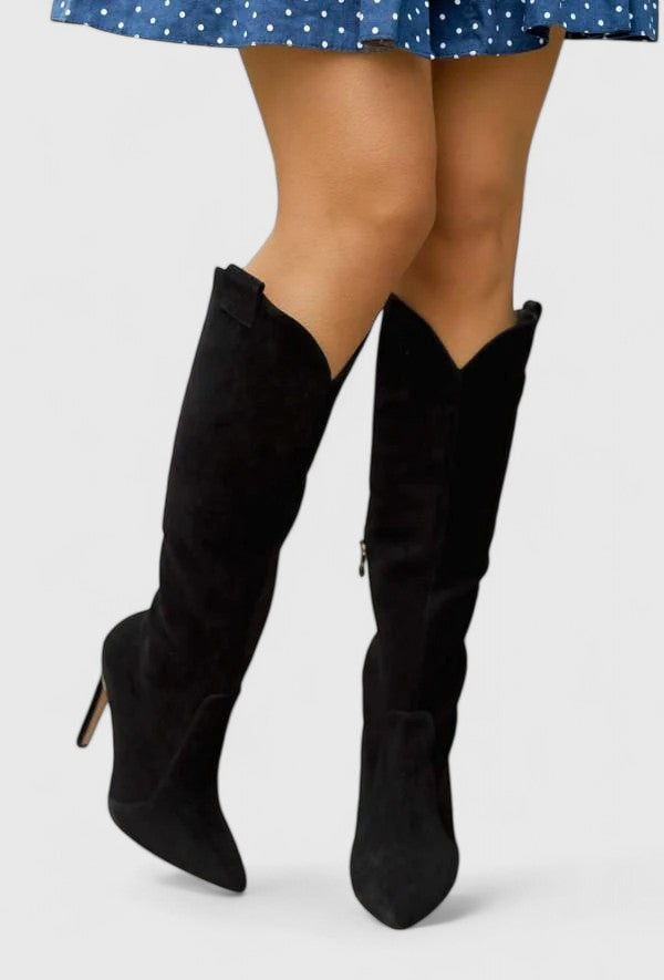 Stylish women's suede knee high boots, pointed toe design, perfect for spring fashion