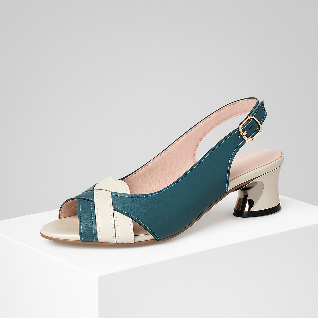 Elegant black leather slingback heels for women with metallic block heel, perfect for day to night wear