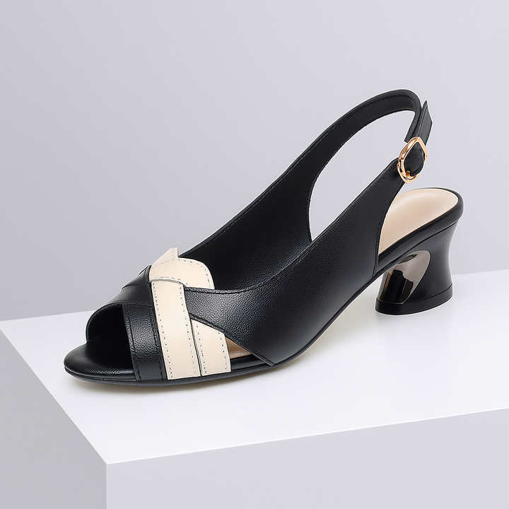Comfortable women's leather slingback heels featuring a stylish metallic block heel and woven strap design