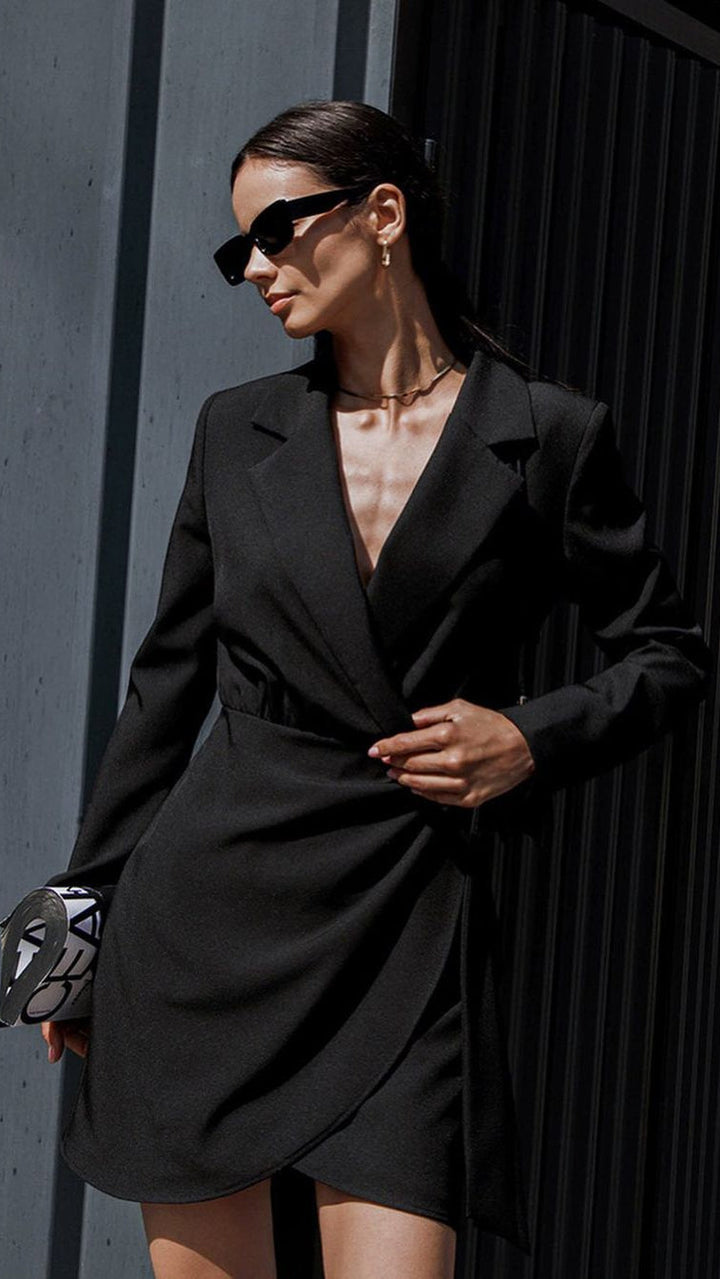 Elegant black long sleeve mini dress for women, perfect for spring and summer casual wear.