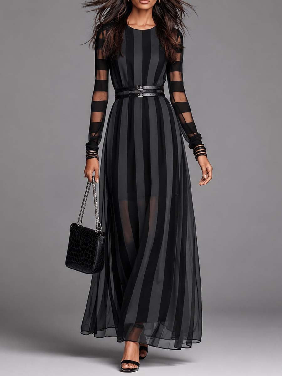 Elegant black maxi dress for women with sheer long sleeves & round neck, perfect for evening or formal occasions.