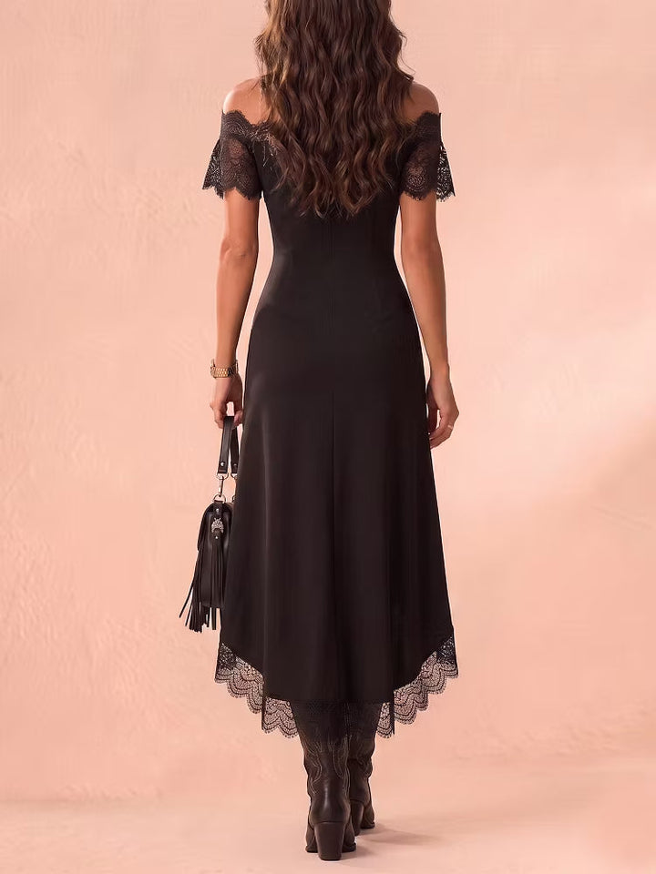 Romantic vintage-style black midi dress for women, with delicate gold embroidery, off-shoulder design & asymmetrical hem.
