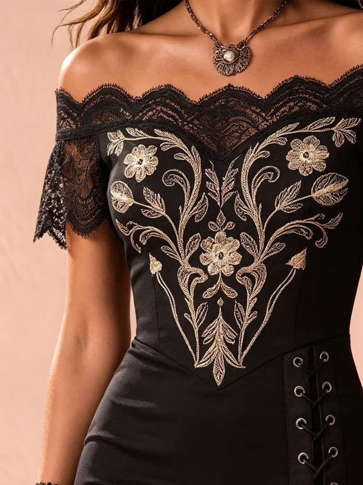 Women's elegant black dress with shimmering gold embroidery, off-shoulder neckline, asymmetrical hem for parties.