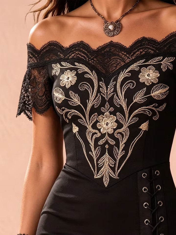 Women's elegant black dress with shimmering gold embroidery, off-shoulder neckline, asymmetrical hem for parties.