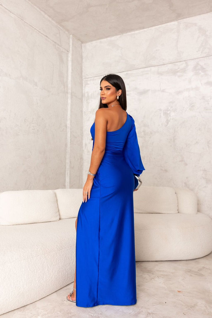 One-shoulder ruched satin maxi gown in burgundy, an elegant formal dress for guests.