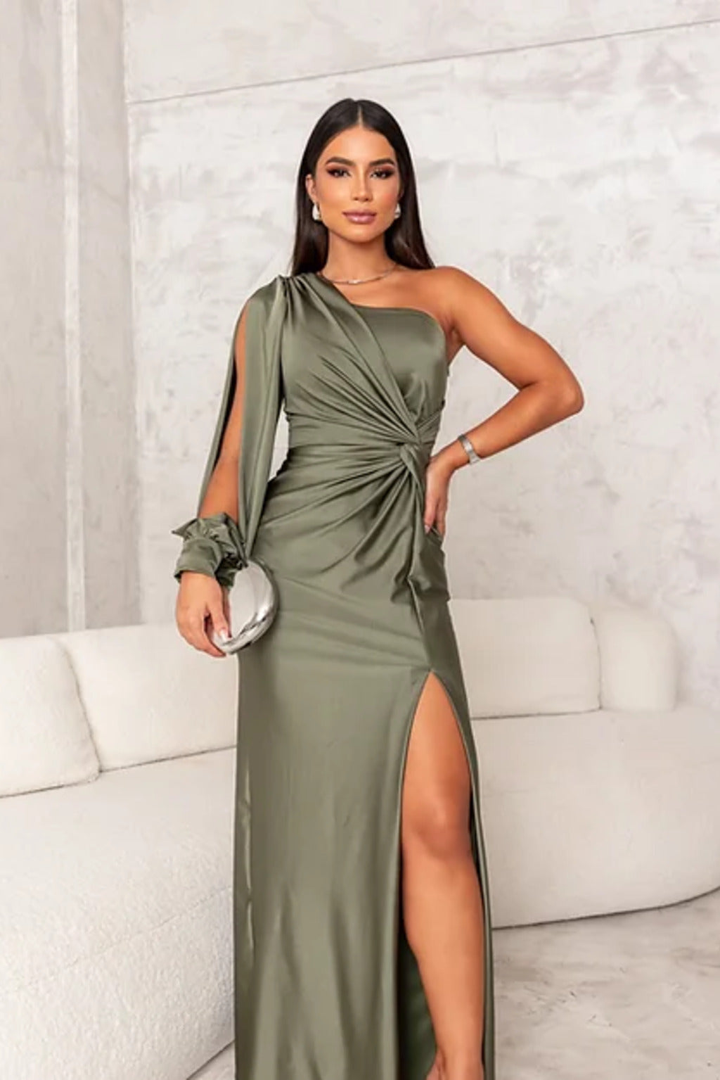 Elegant one-shoulder ruched formal wedding guest dress, stunning with a side split.
