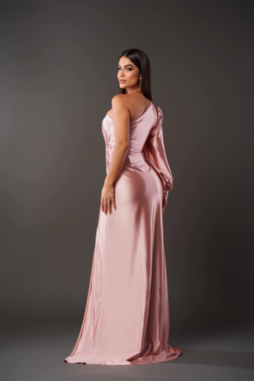 Formal one-shoulder ruched maxi evening dress, an elegant choice for gala or prom.