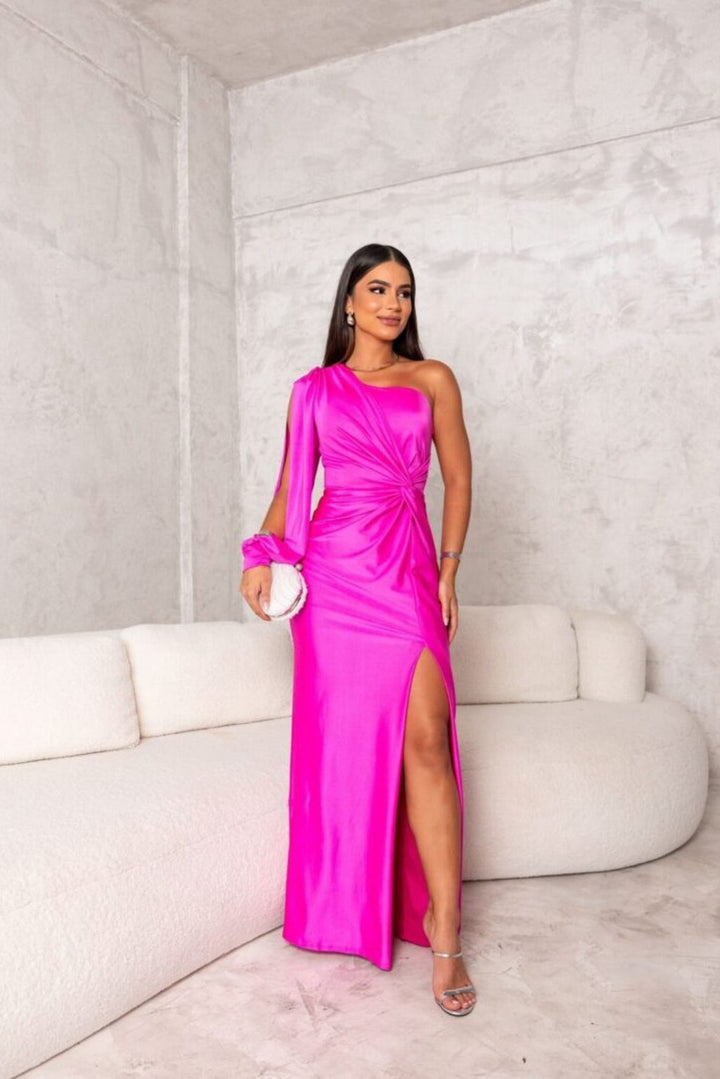 One-shoulder ruched split dress in black, a sophisticated maxi gown for formal events.