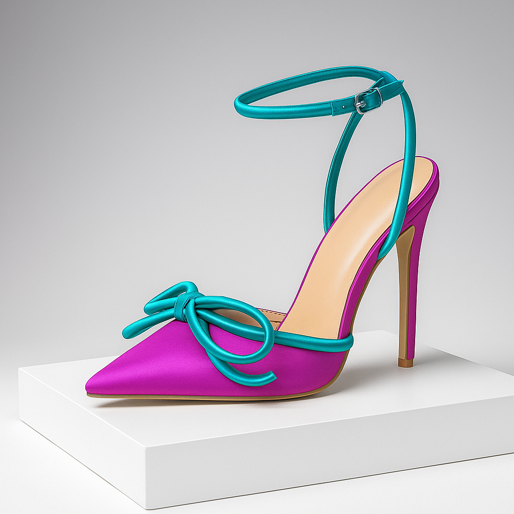 Elegant black pointed toe stiletto heels with a delicate front bow, perfect for women's party shoes.