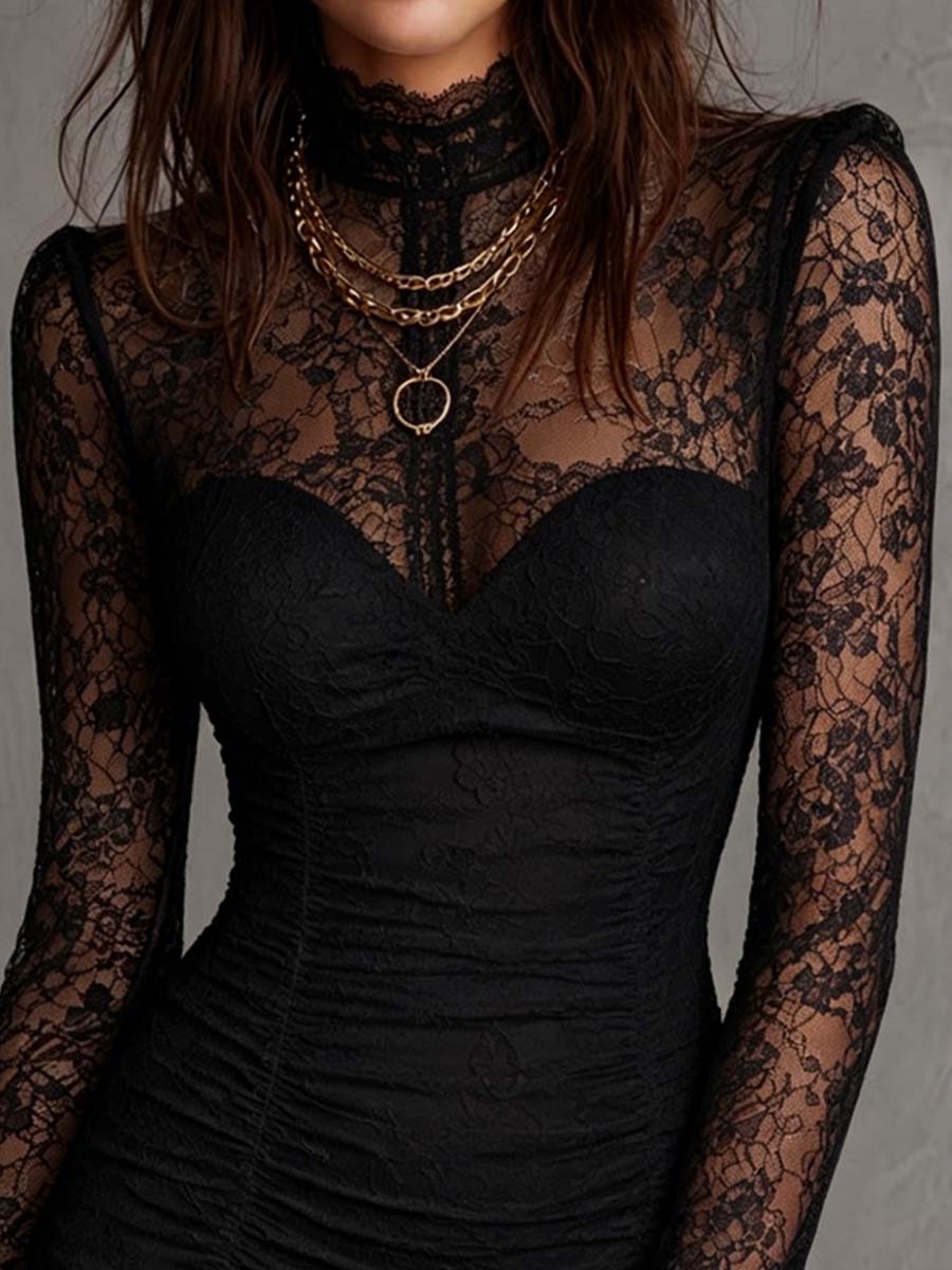 Chic black ruched mini dress with long sleeves & high neck. A versatile elegant choice for women's special occasions.