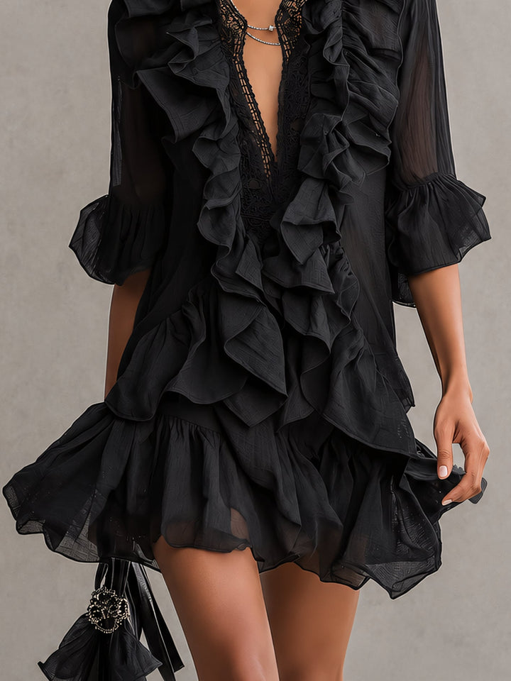 Chic women's black ruffle V-neck mini dress with sheer sleeves, an elegant choice for special occasions.