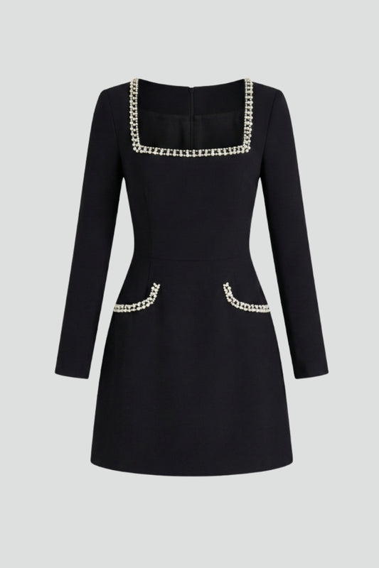 Elegant black square neck mini dress for women, featuring long sleeves. Ideal for parties & fashion.