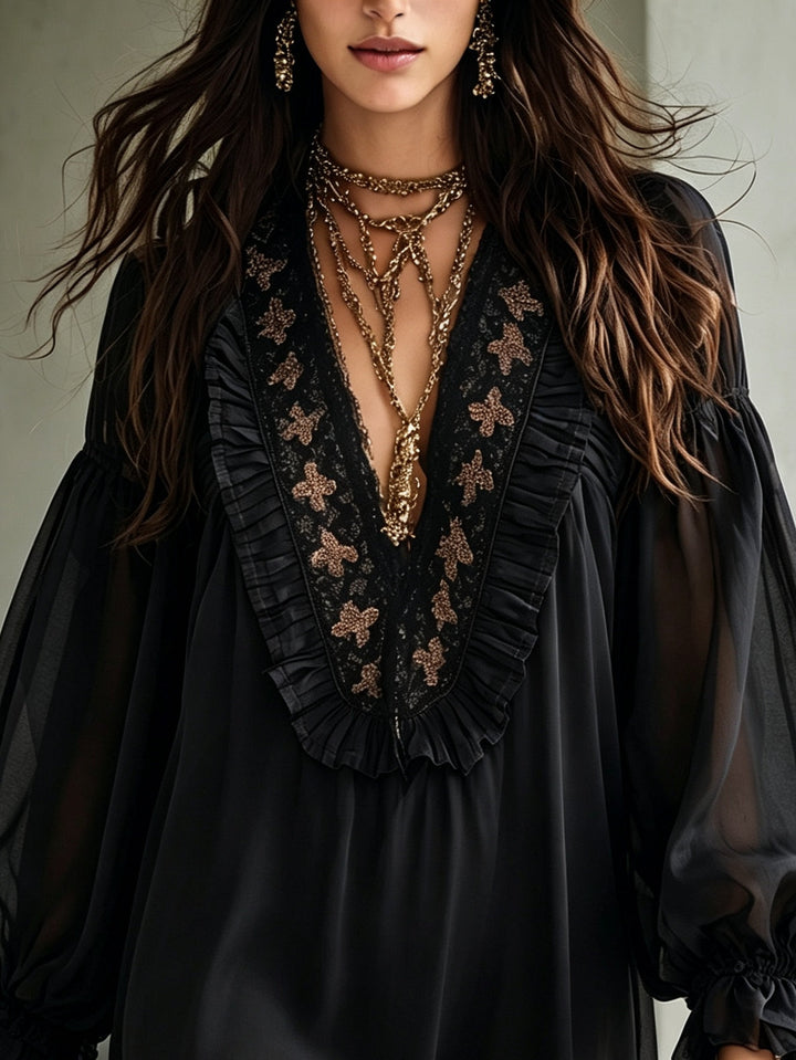 Women's elegant black V-neck mini dress featuring fashionable balloon sleeves. Ideal for cocktail parties or date nights.