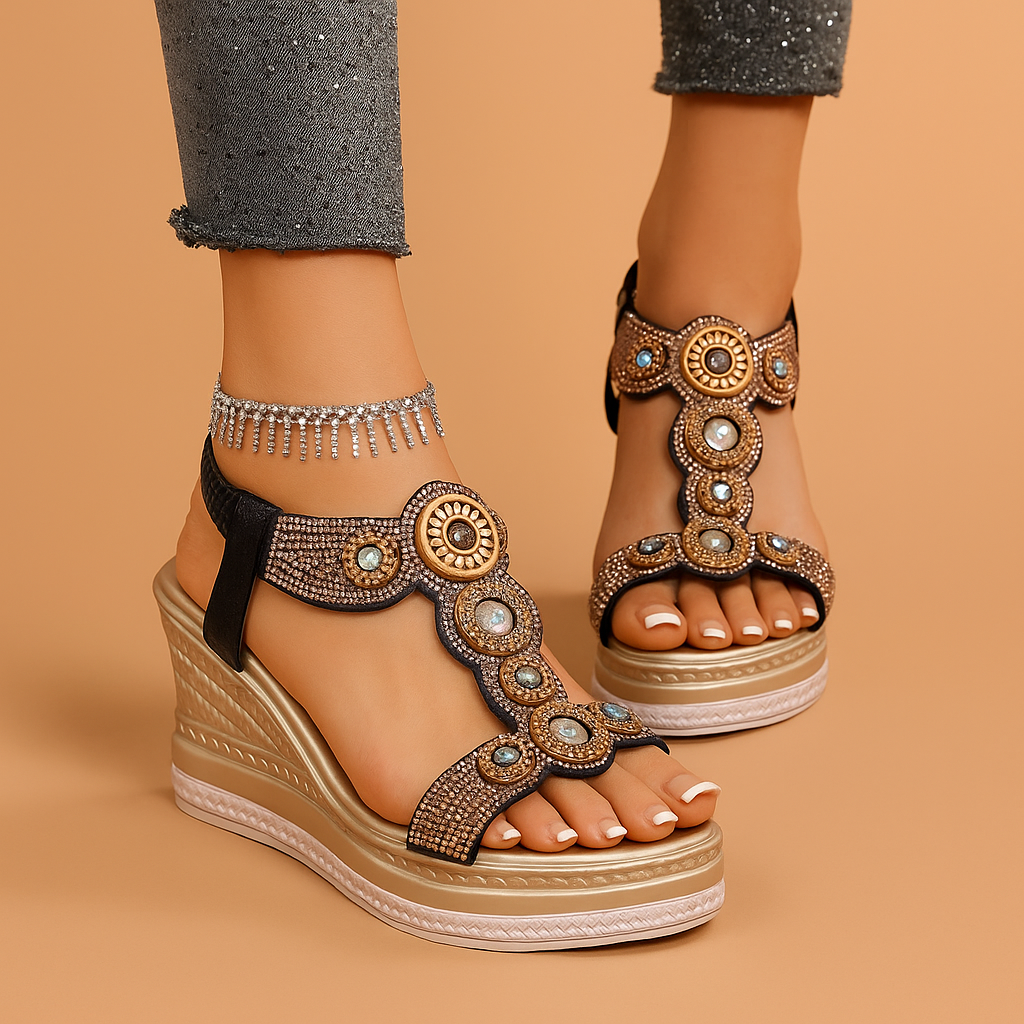 Elegant black wedge sandals for women with delicate gemstone embellishments and ankle strap, perfect for special occasions
