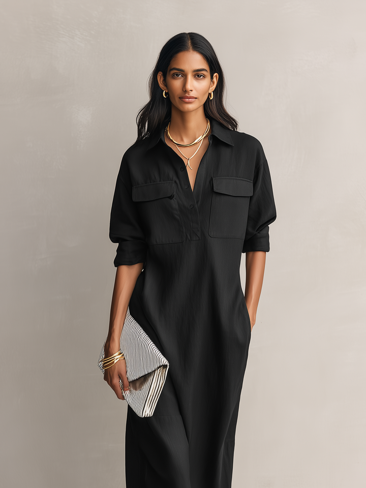 Sophisticated women's black midi dress featuring a classic shirt collar & short sleeves, versatile for office or summer casual.