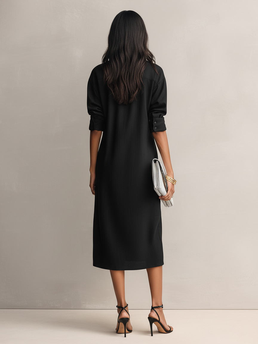 Stylish women's black short sleeve midi dress with an elegant shirt collar, ideal for versatile spring & summer fashion.
