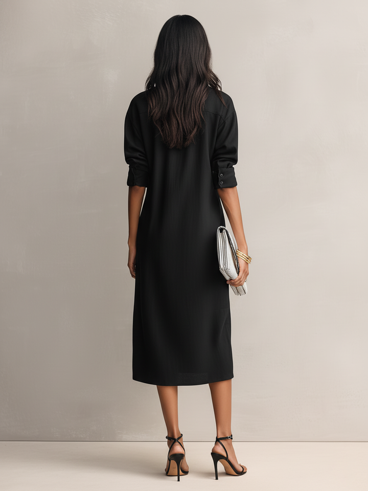 Stylish women's black short sleeve midi dress with an elegant shirt collar, ideal for versatile spring & summer fashion.