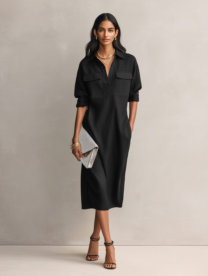 Chic women's black midi dress with a sleek shirt collar and comfortable short sleeves, great for elegant everyday wear.