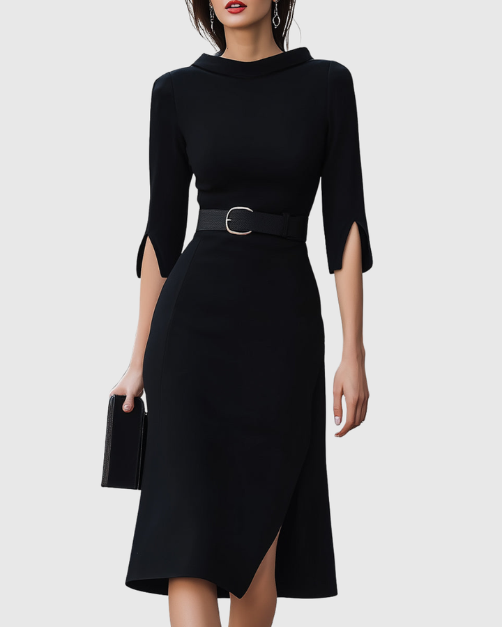 Elegant black women's midi dress with short sleeves & tailored waist, perfect for formal events or workwear.