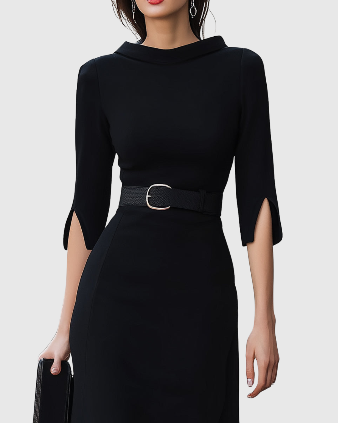 Sophisticated short sleeve black midi dress for women, with a tailored fit. Ideal as a cocktail or formal dress.