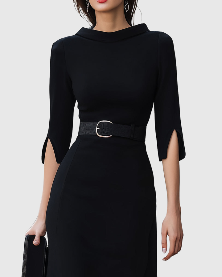 Sophisticated short sleeve black midi dress for women, with a tailored fit. Ideal as a cocktail or formal dress.