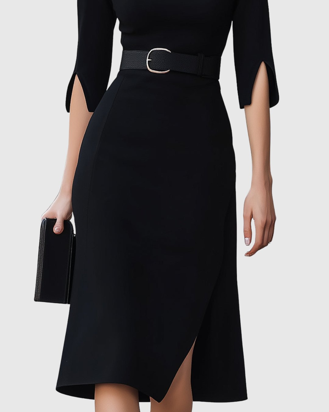 Stylish black women's midi dress with tailored waist & short sleeves, a classic elegant choice for any event.