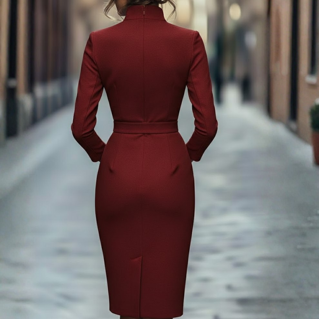Stunning black mock wrap pencil dress for women, an elegant and sophisticated choice for office or evening events.