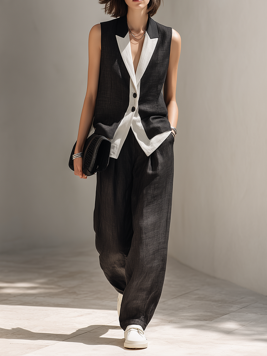 Elegant black women's two-piece set with a tailored vest top & stylish wide-leg pants, perfect for office or evening.