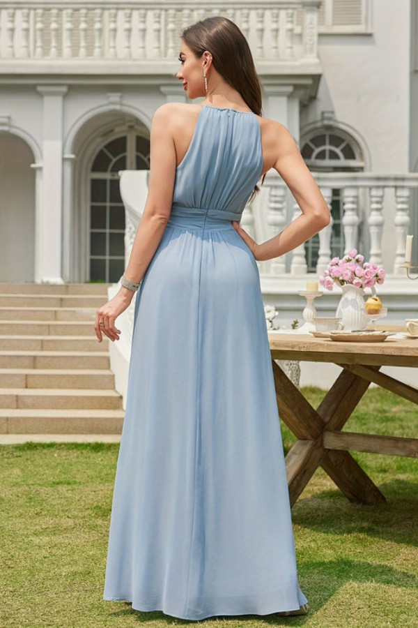 Women's sophisticated blue A-line halter neck maxi dress with keyhole, ideal for special occasions.