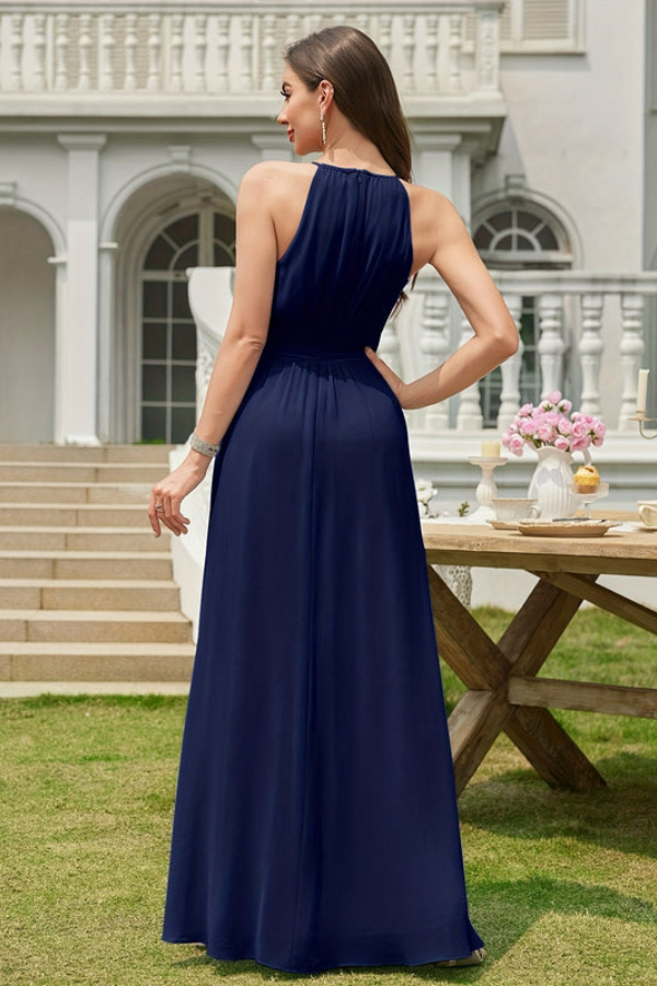 Stylish women's blue halter neck prom dress with keyhole detail. A beautiful maxi gown for formal events.