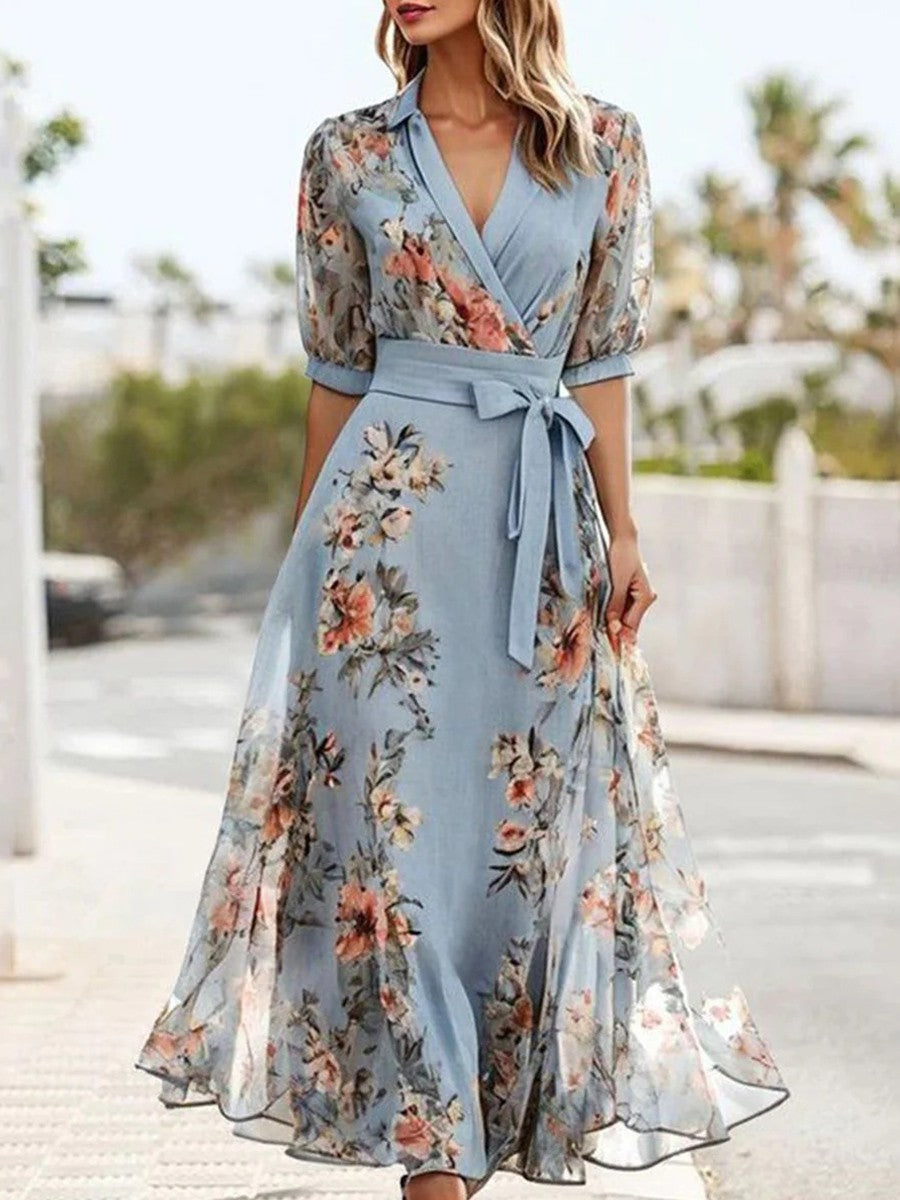 Elegant blue V-neck floral wrap maxi dress for women, perfect for summer and spring fashion, casual or elegant.