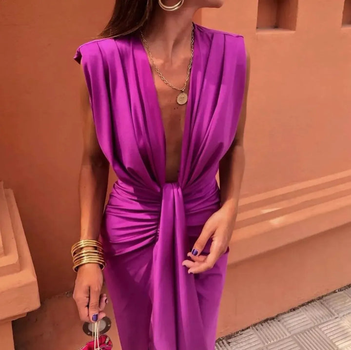 Elegant women's orange V-neck twist front maxi dress, a formal and chic option for wedding guests and special occasions.