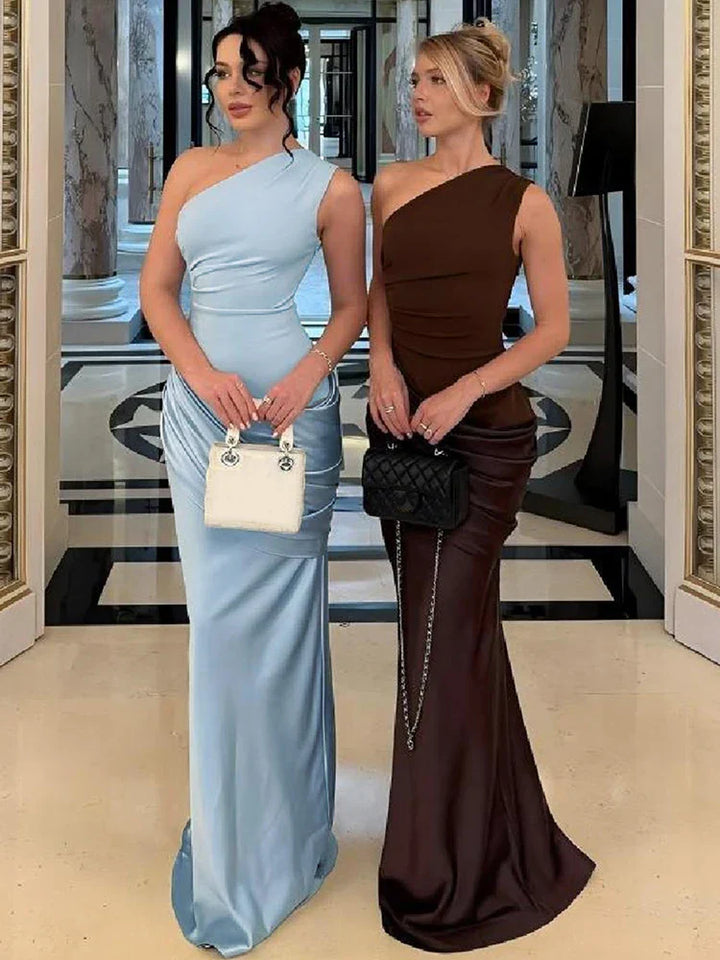 Brown one-shoulder maxi party dress for women. Elegant evening wear, ideal as a wedding guest or formal special occasion gown.