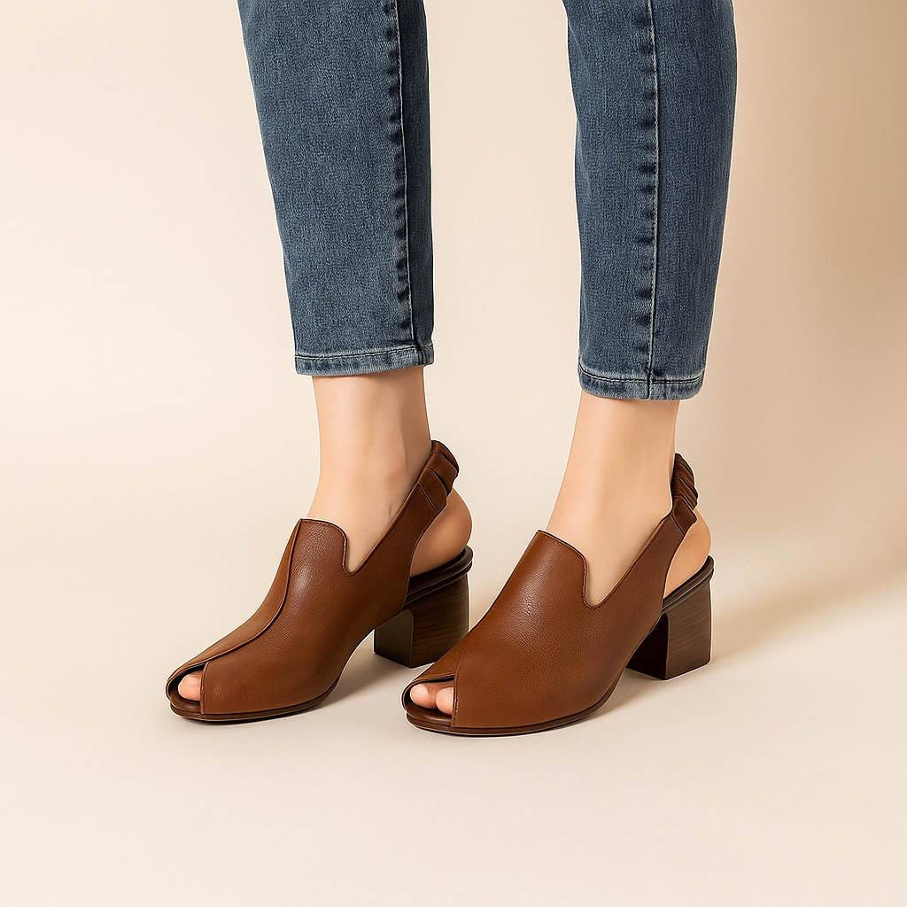 Elegant brown peep-toe slingback heels for women, comfortable block heel design