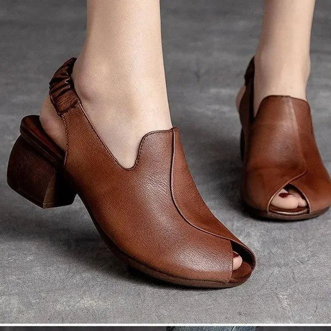 Brown women's comfortable peep-toe sling heels, block heel design for all-day wear