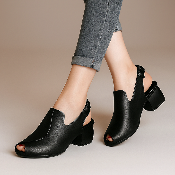 Comfortable black peep-toe sling heels, perfect dress shoes for women's fashion