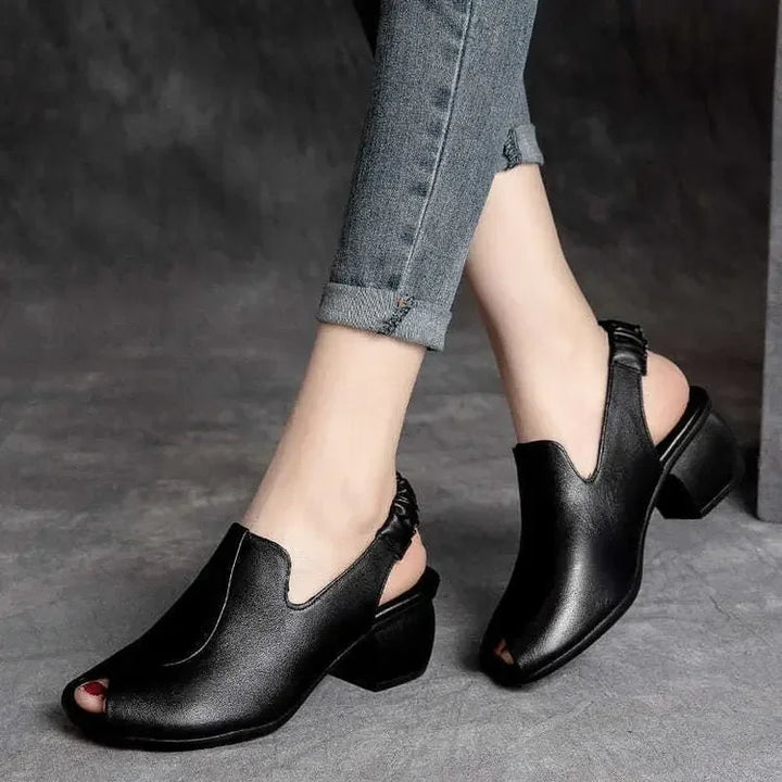 Elegant women's brown slingback heels, comfortable peep-toe style with a sturdy block heel