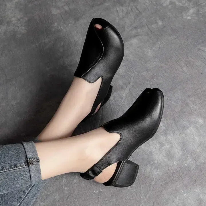 Fashion-forward brown peep-toe sling heels, women's dress shoes with a comfortable block heel