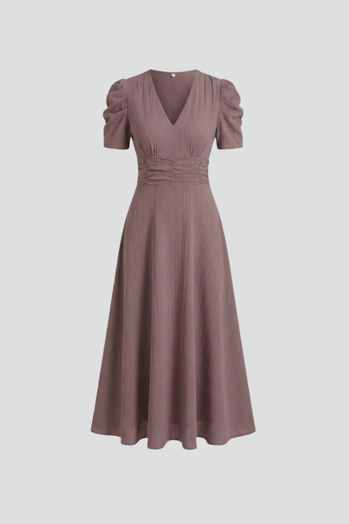Elegant brown V-neck midi dress for women with short sleeves, ruched waist, and a flowing flared skirt.