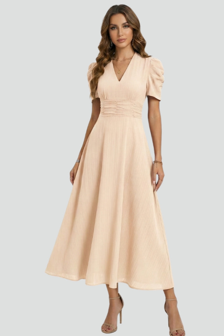 Red elegant V-neck midi dress for women, featuring short sleeves and a stylish ruched waist, suitable for all seasons.