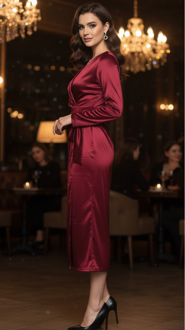 Women's formal burgundy midi wrap dress, featuring elegant design, ideal for evening occasions.