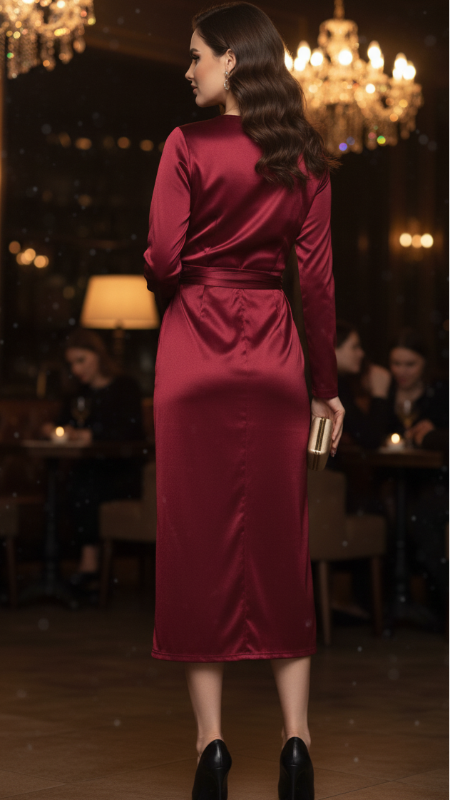 Stylish women's burgundy wrap dress, midi length, suitable for elegant spring/summer evening wear and formal events.