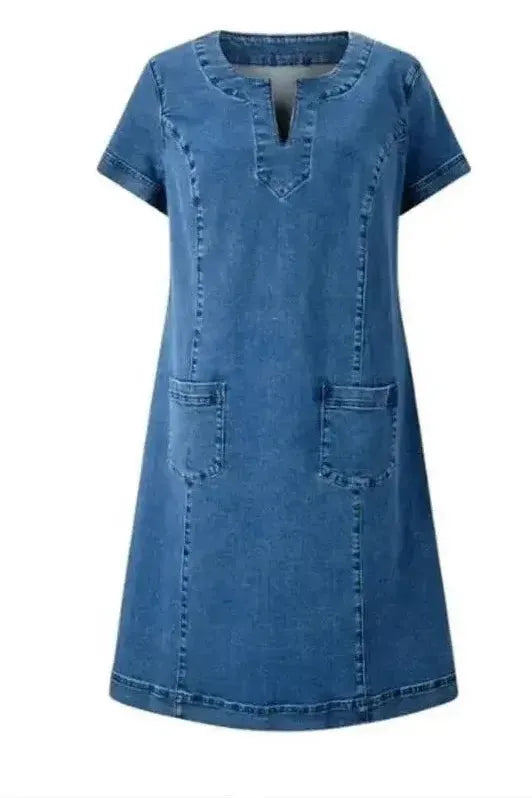 Comfortable women's blue midi dress, classic A-line style, elegant for formal or casual occasions.