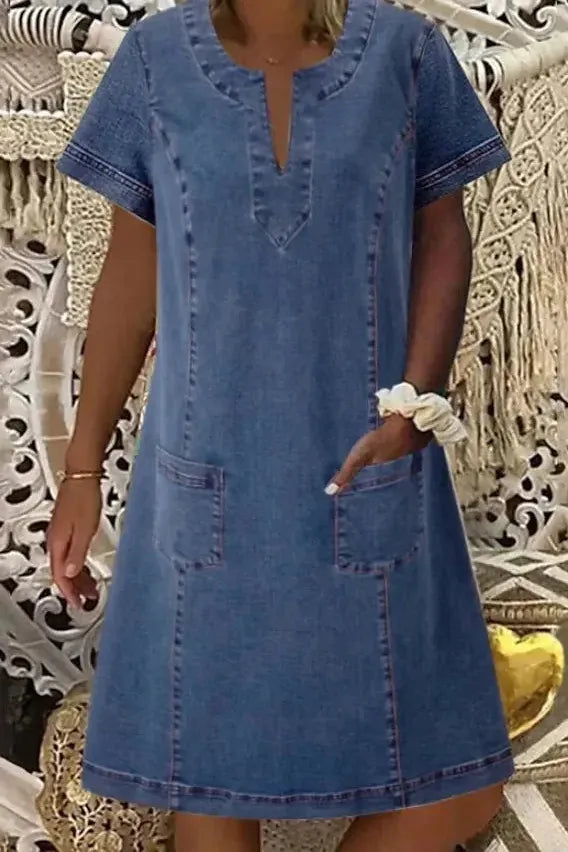 Flattering A-line blue midi dress for women, classic elegance with versatile style for all occasions.
