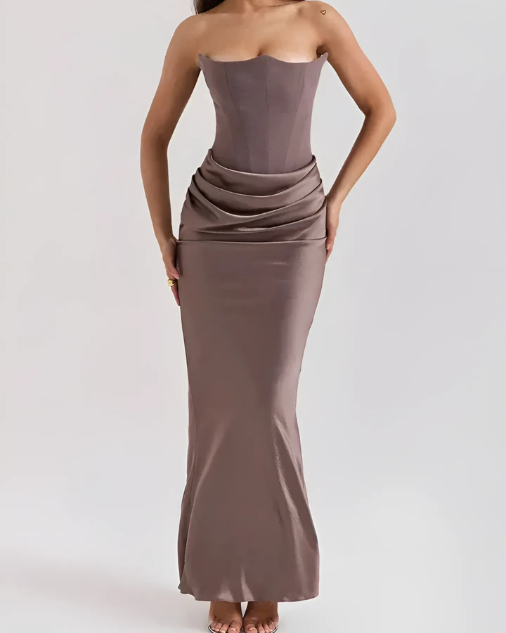 Elegant draped maxi dress for wedding guests, long and flowing, perfect for formal events.