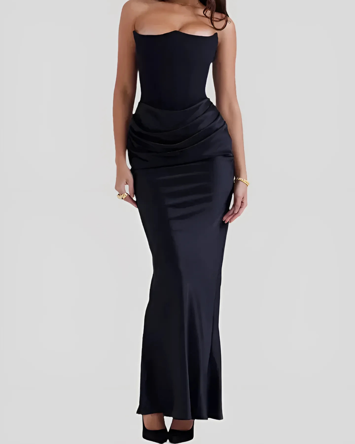 Stunning draped maxi dress, a chic and sophisticated choice for wedding guest attire.
