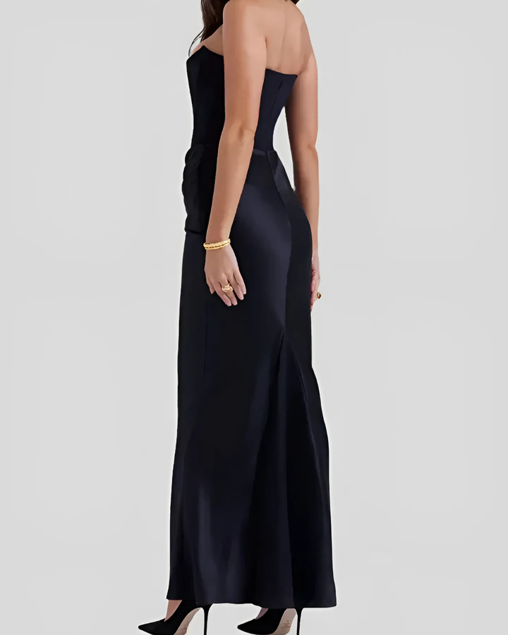 Full-length draped maxi dress for women, designed for elegance and comfort at formal parties.