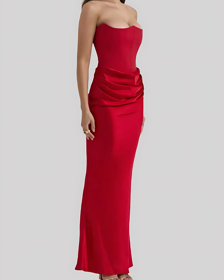 Fashionable women's draped maxi dress, a stylish long gown for any elegant evening event.
