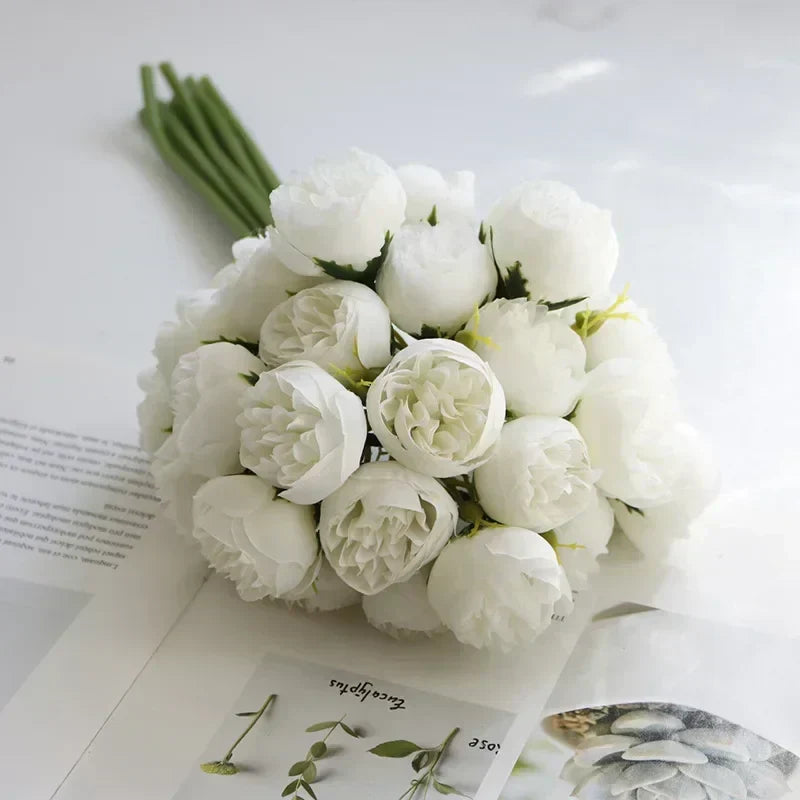 Everlasting faux peony bouquet. Durable artificial flowers ideal as a bridal bouquet or home centerpiece.
