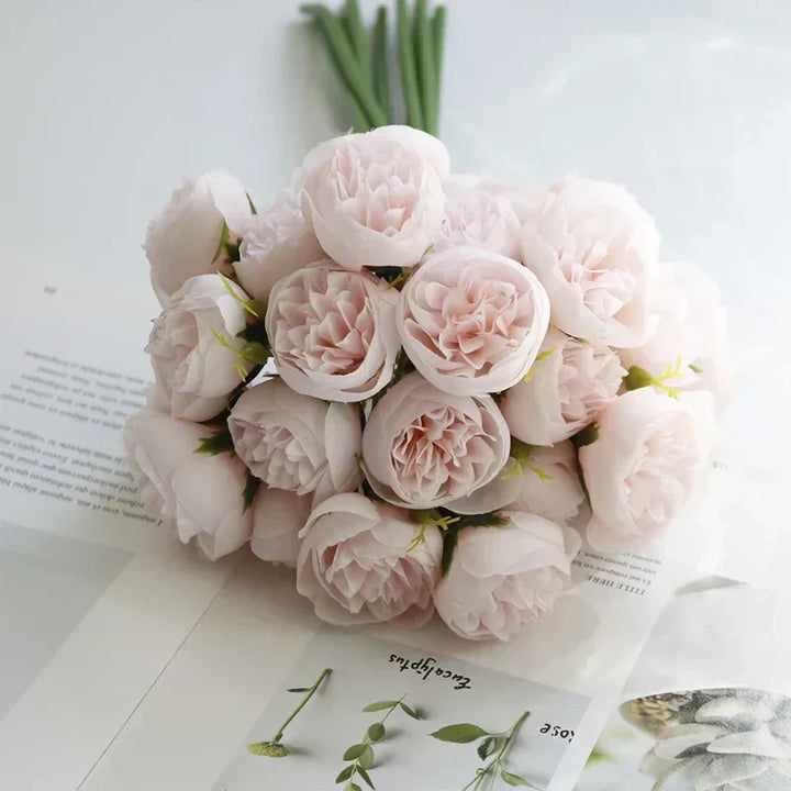 Realistic artificial peony bouquet, vibrant faux flowers for wedding tables & elegant home accents.